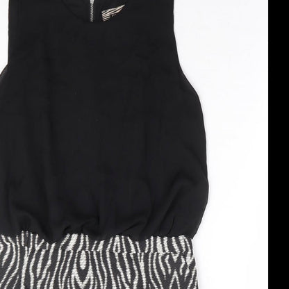 NEXT Womens Black Geometric Polyester A-Line Size 14 Round Neck Zip