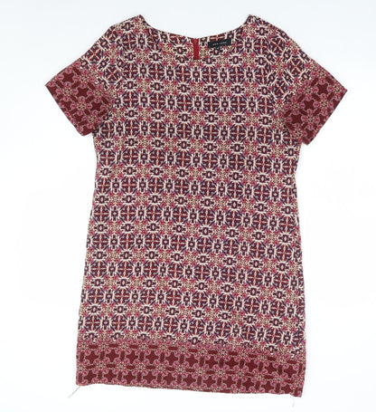 New Look Womens Red Geometric Polyester Shift Size 12 Round Neck Zip