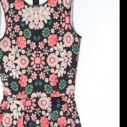 H&M Womens Black Geometric Polyester Fit & Flare Size S Round Neck Zip - Jewel Print