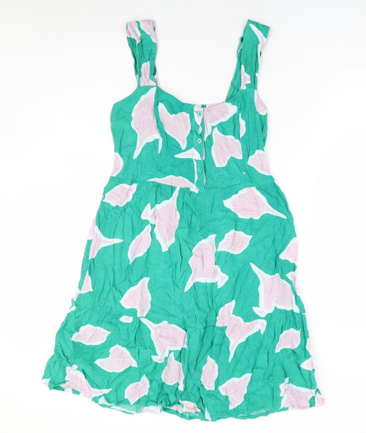 NEXT Womens Green Floral Viscose Fit & Flare Size 10 Square Neck Button - Shirred Back Panel