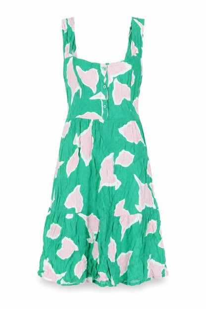 NEXT Womens Green Floral Viscose Fit & Flare Size 10 Square Neck Button - Shirred Back Panel
