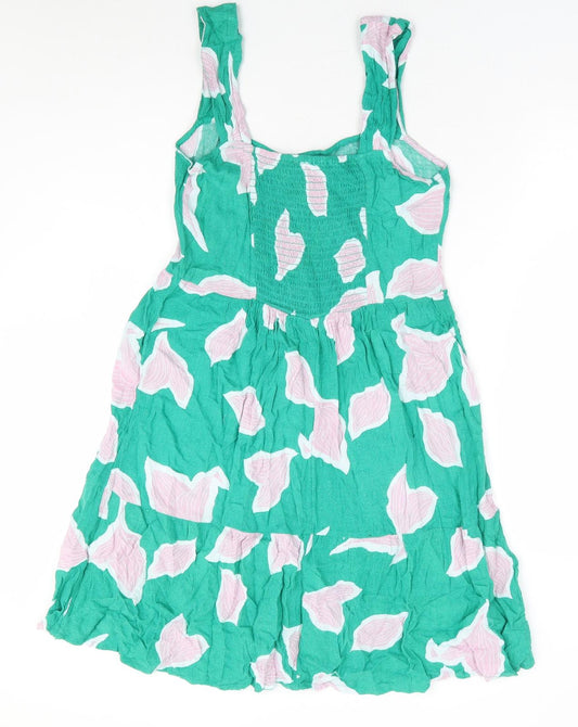 NEXT Womens Green Floral Viscose Fit & Flare Size 10 Square Neck Button - Shirred Back Panel