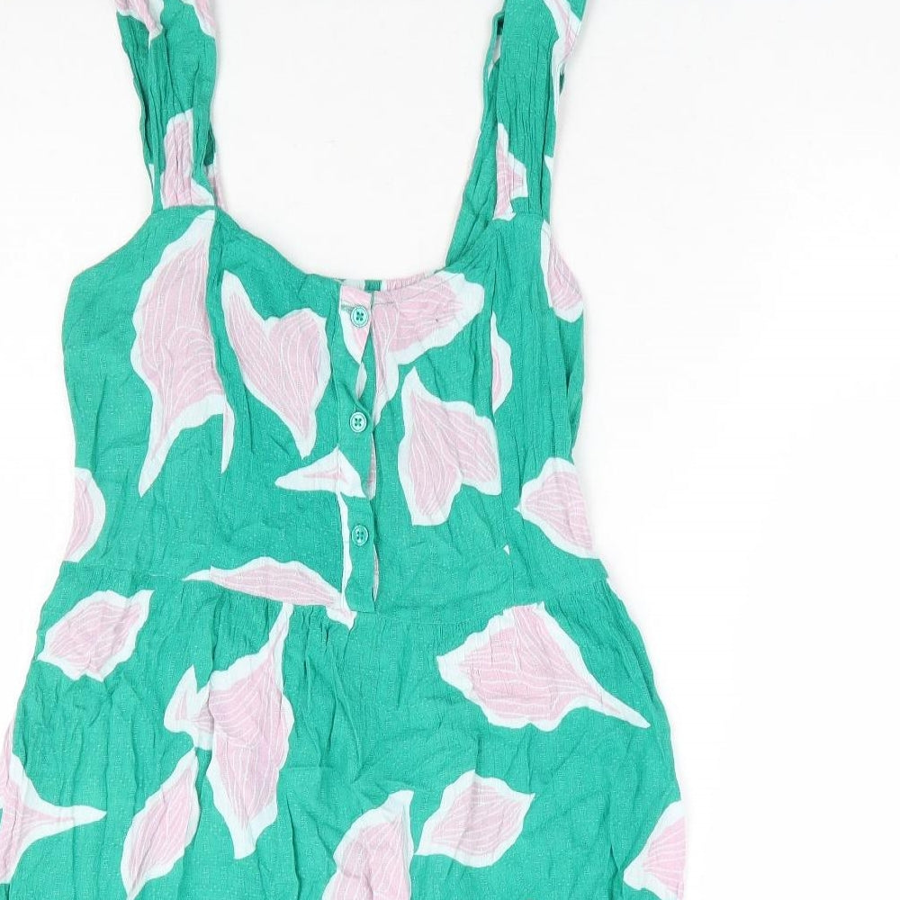 NEXT Womens Green Floral Viscose Fit & Flare Size 10 Square Neck Button - Shirred Back Panel