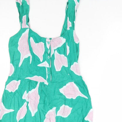 NEXT Womens Green Floral Viscose Fit & Flare Size 10 Square Neck Button - Shirred Back Panel