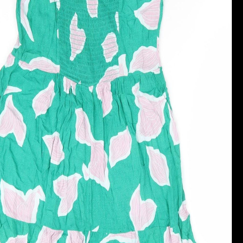 NEXT Womens Green Floral Viscose Fit & Flare Size 10 Square Neck Button - Shirred Back Panel