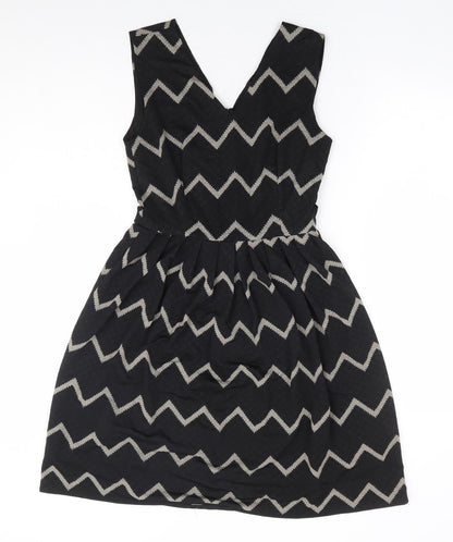 Mela London Womens Black Geometric Polyester Fit & Flare Size 8 V-Neck Zip