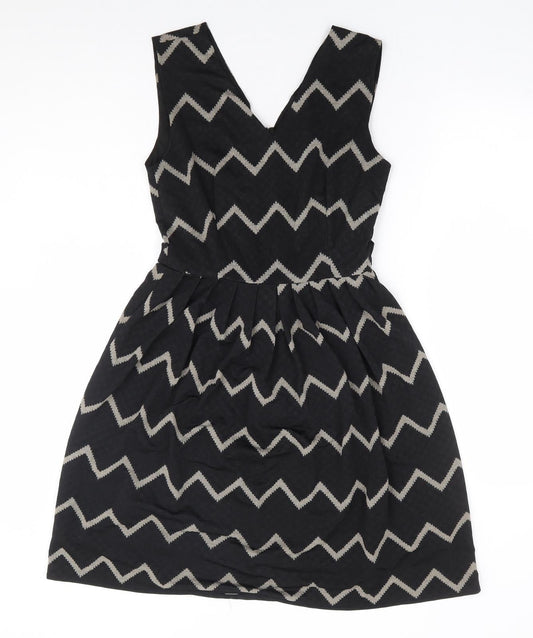 Mela London Womens Black Geometric Polyester Fit & Flare Size 8 V-Neck Zip