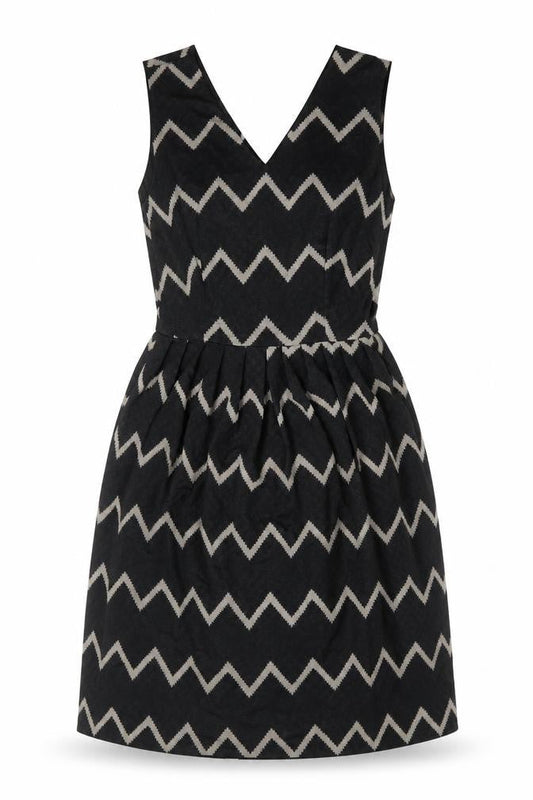 Mela London Womens Black Geometric Polyester Fit & Flare Size 8 V-Neck Zip