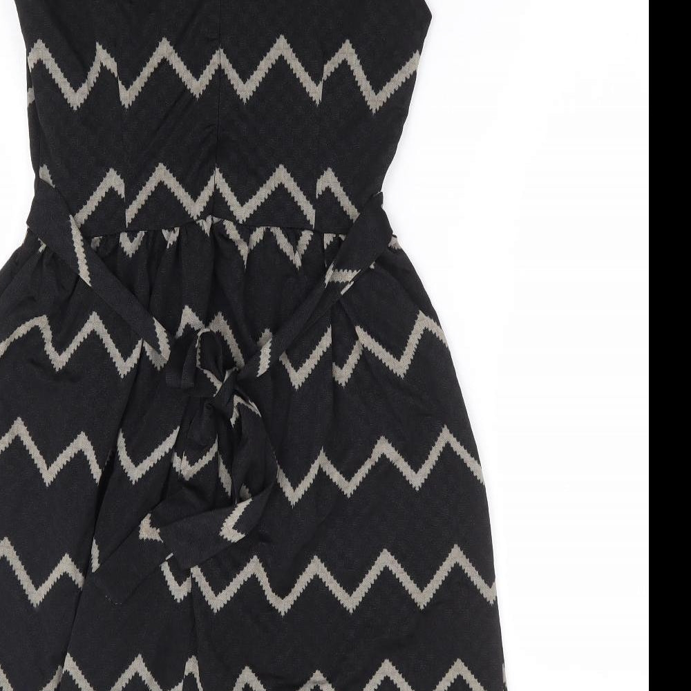 Mela London Womens Black Geometric Polyester Fit & Flare Size 8 V-Neck Zip