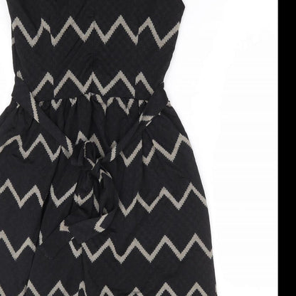 Mela London Womens Black Geometric Polyester Fit & Flare Size 8 V-Neck Zip