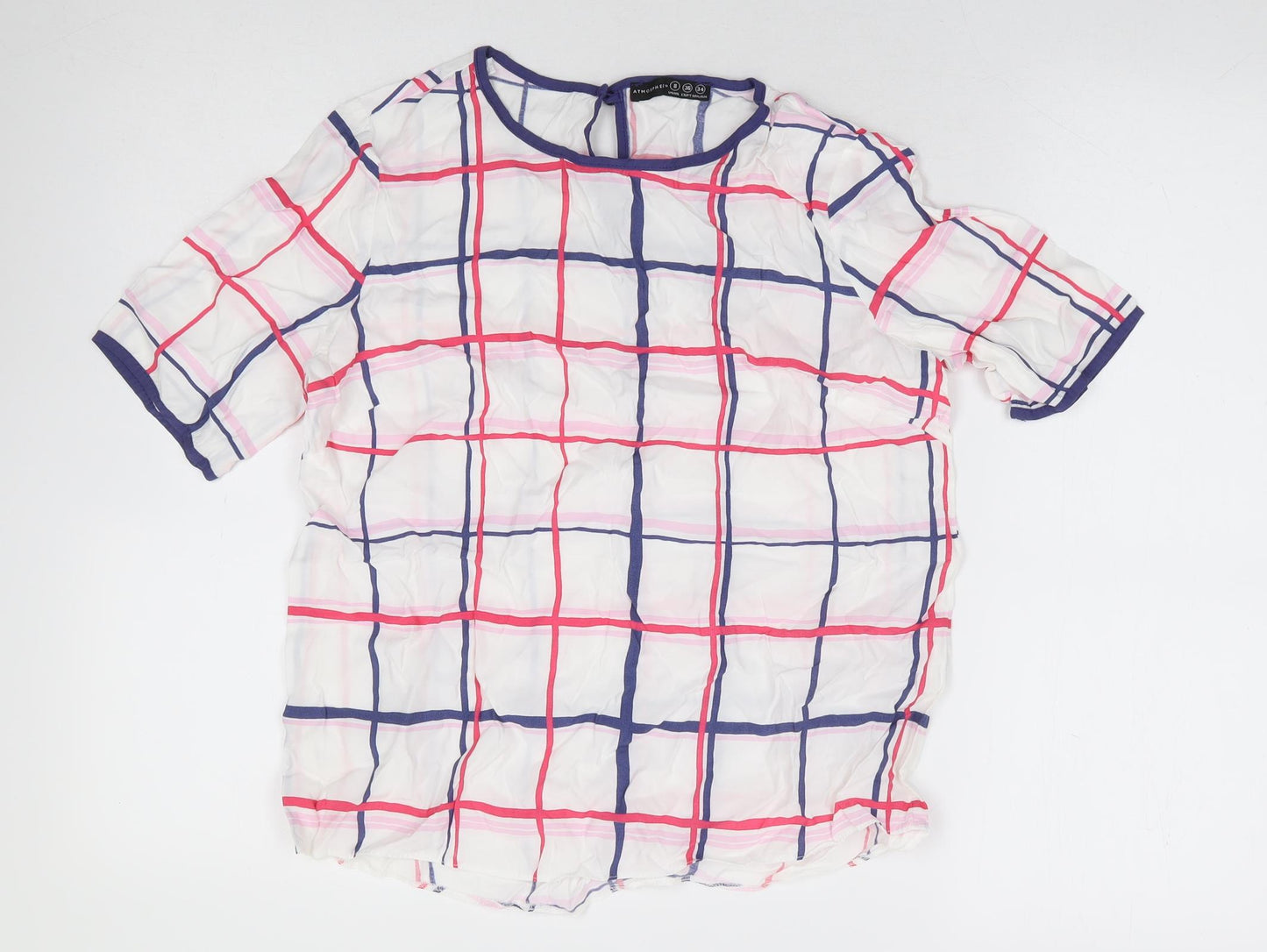 Primark Womens White Check Viscose Basic T-Shirt Size 8 Round Neck