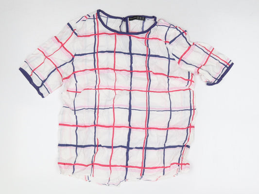 Primark Womens White Check Viscose Basic T-Shirt Size 8 Round Neck