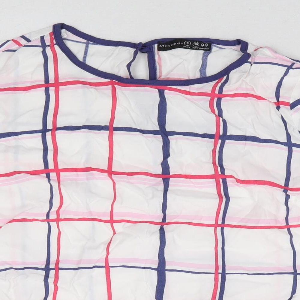 Primark Womens White Check Viscose Basic T-Shirt Size 8 Round Neck