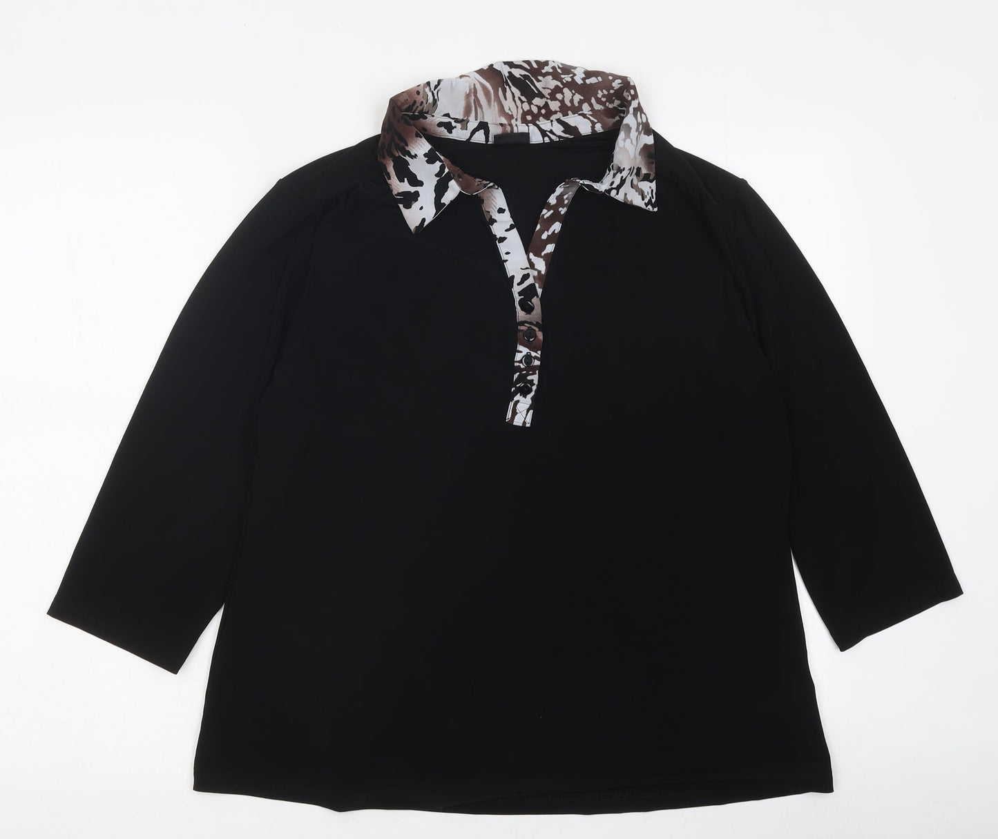 Happy D Womens Black Geometric Polyester Basic Blouse Size L Collared