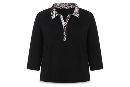 Happy D Womens Black Geometric Polyester Basic Blouse Size L Collared