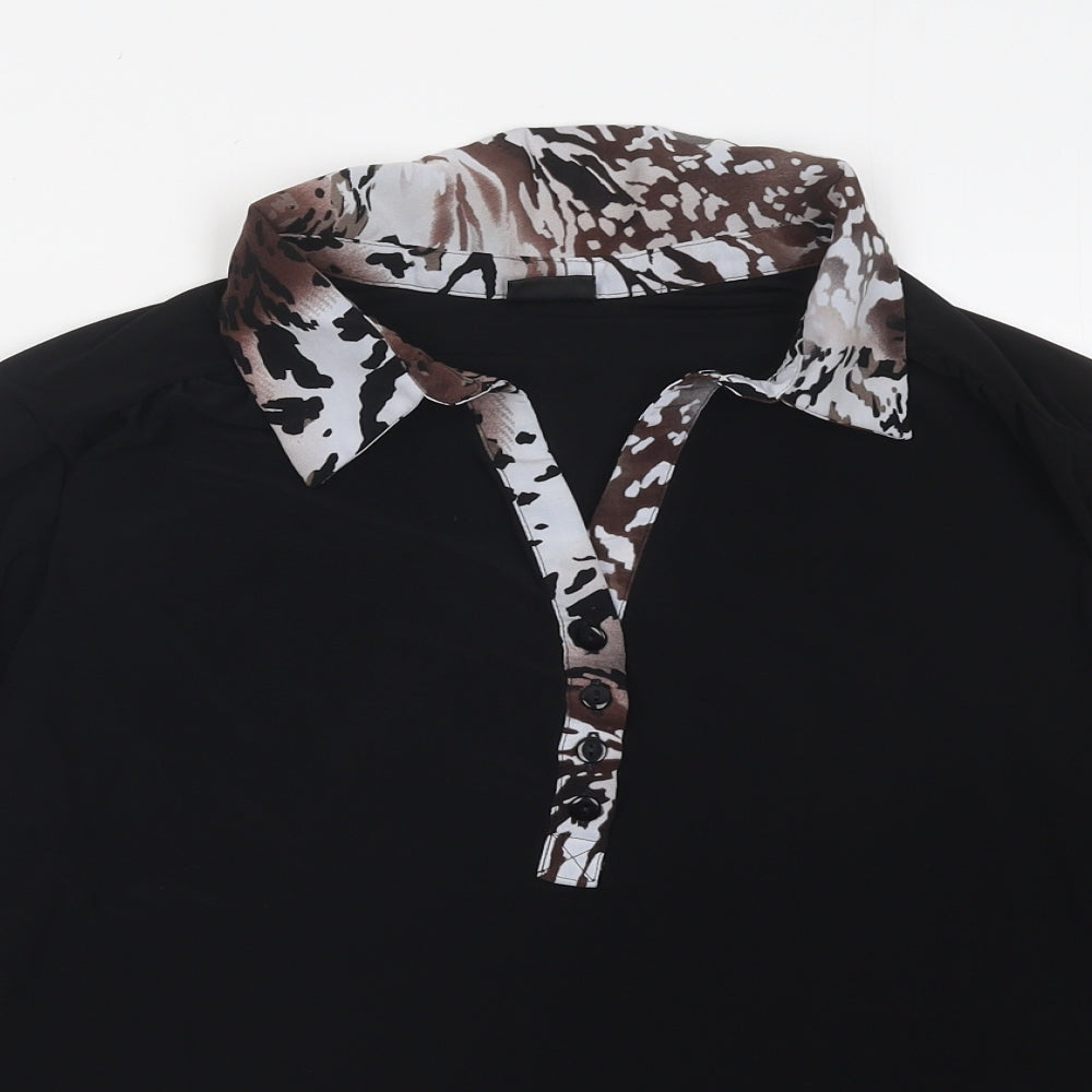 Happy D Womens Black Geometric Polyester Basic Blouse Size L Collared