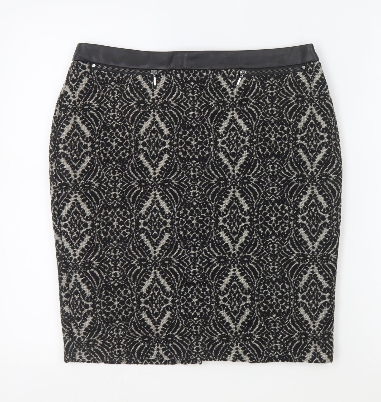 M&Co Womens Black Geometric Polyester Straight & Pencil Skirt Size 10 Zip - Leather Waist