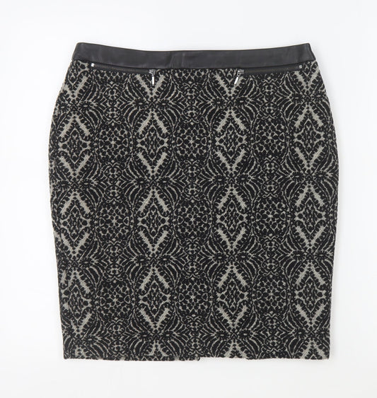 M&Co Womens Black Geometric Polyester Straight & Pencil Skirt Size 10 Zip - Leather Waist