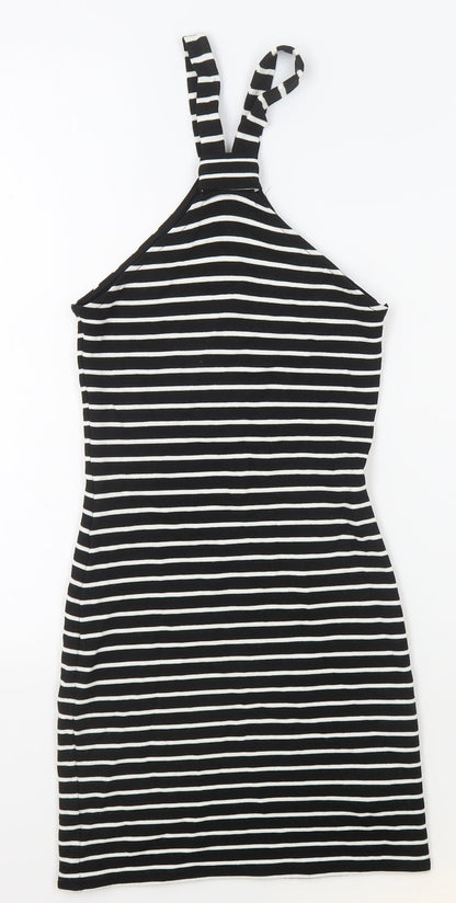 Topshop Womens Black Striped Viscose Bodycon Size 8 High Neck Pullover