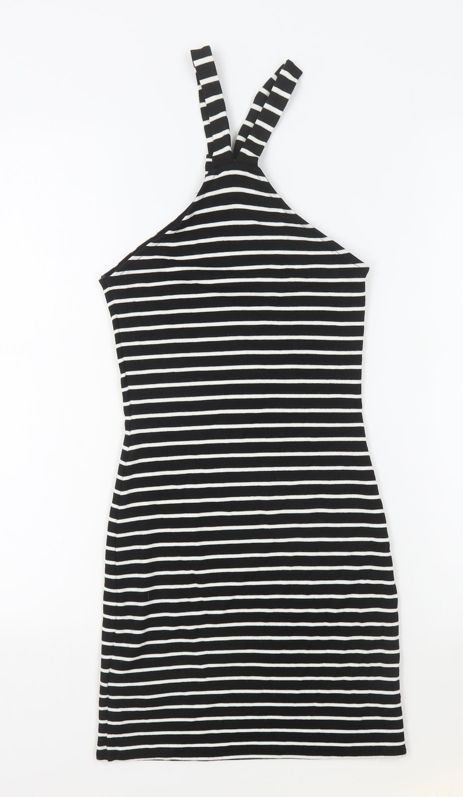 Topshop Womens Black Striped Viscose Bodycon Size 8 High Neck Pullover