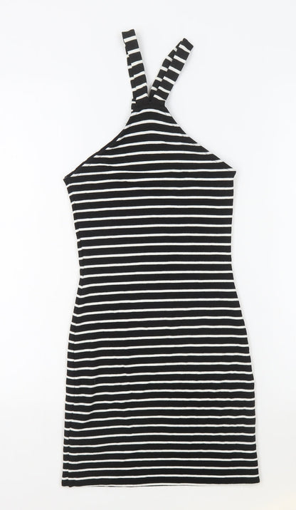 Topshop Womens Black Striped Viscose Bodycon Size 8 High Neck Pullover