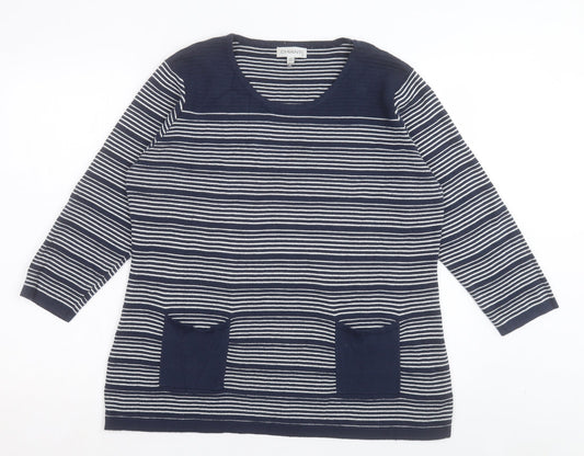 Chianti Womens Blue Crew Neck Striped Cotton Pullover Jumper Size XL