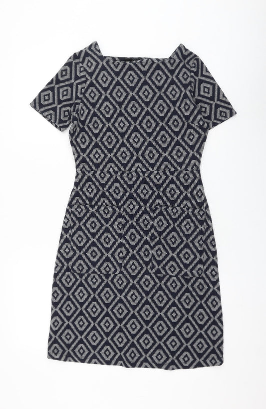 NEXT Womens Blue Geometric Polyester Shift Size 6 Square Neck Pullover