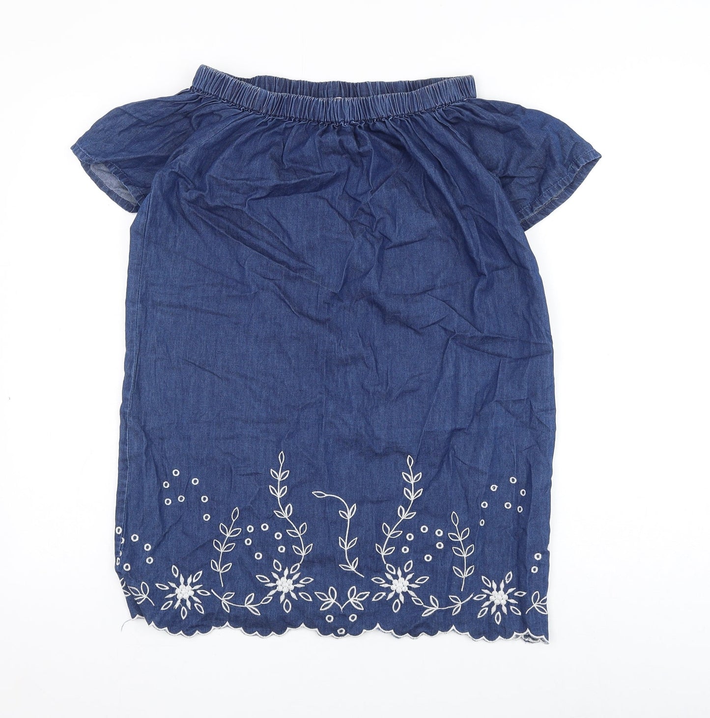 Miss Evie Girls Blue Floral Cotton Shift Size 11-12 Years Off the Shoulder Pullover