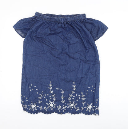 Miss Evie Girls Blue Floral Cotton Shift Size 11-12 Years Off the Shoulder Pullover