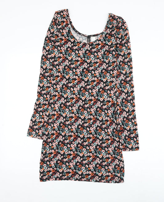 H&M Womens Blue Floral Viscose Pencil Dress Size 8 Scoop Neck Pullover