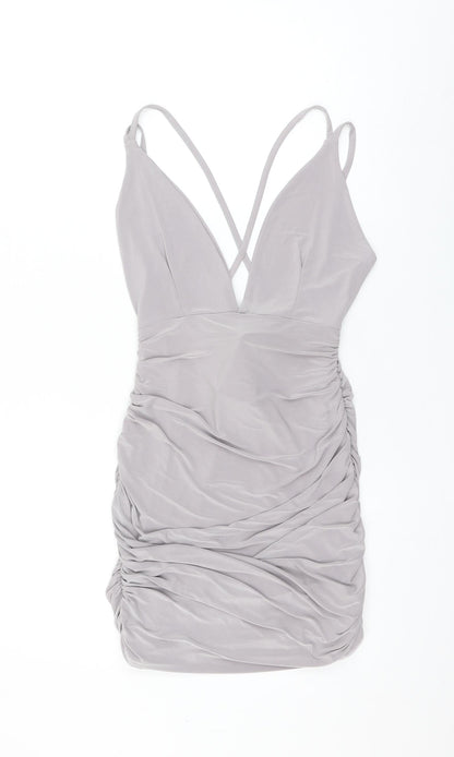 Missguided Womens Grey Polyester Mini Size 6 V-Neck Pullover - Ruched