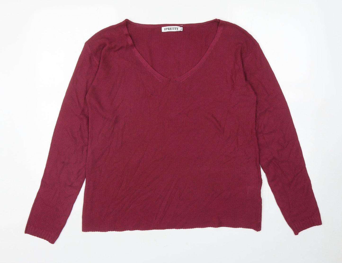IPRETTY Womens Red V-Neck Polyester Pullover Jumper Size XL