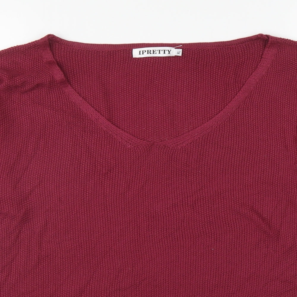 IPRETTY Womens Red V-Neck Polyester Pullover Jumper Size XL
