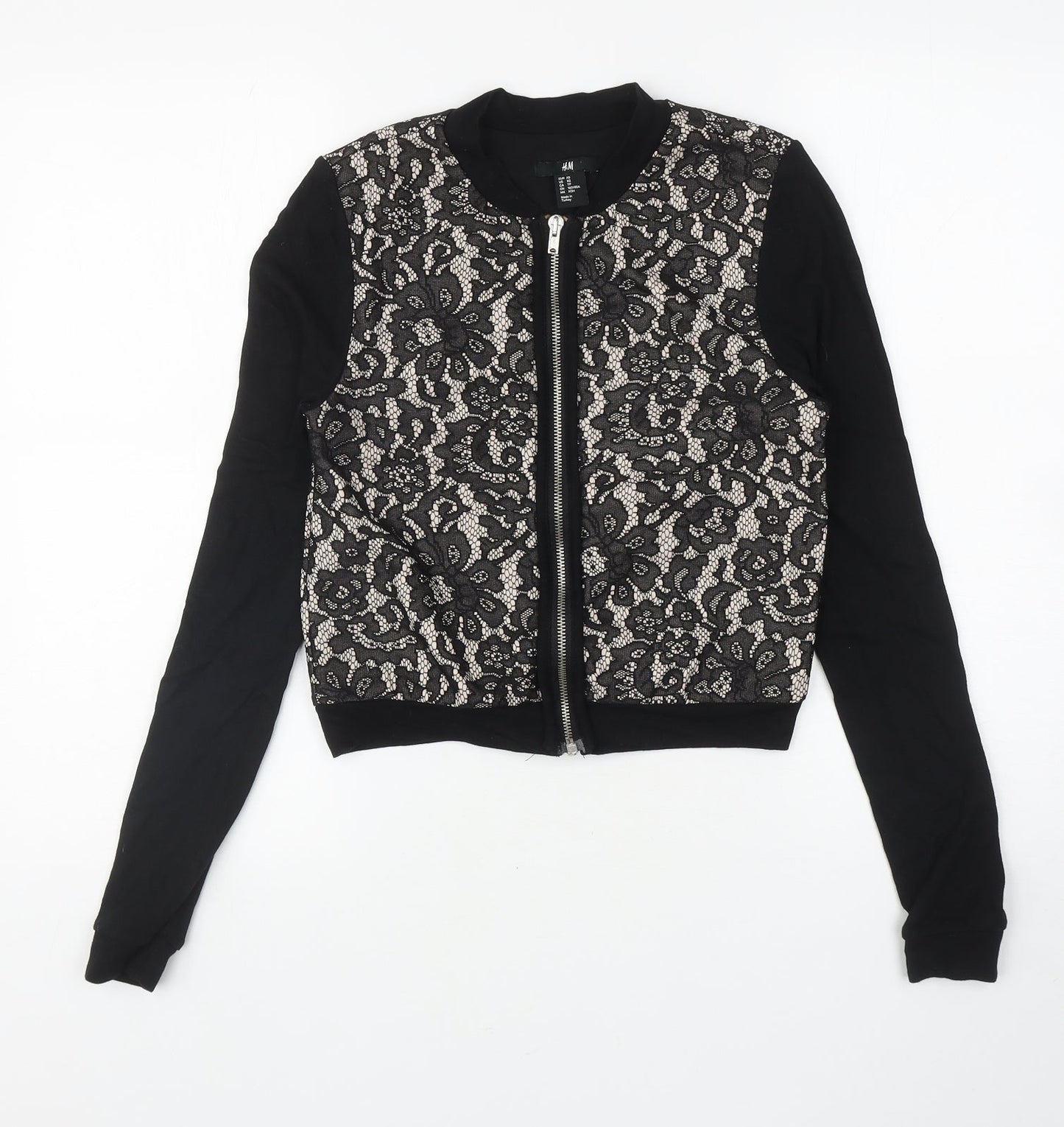 H&M Womens Black Floral Polyester Full Zip Sweatshirt Size XS Zip