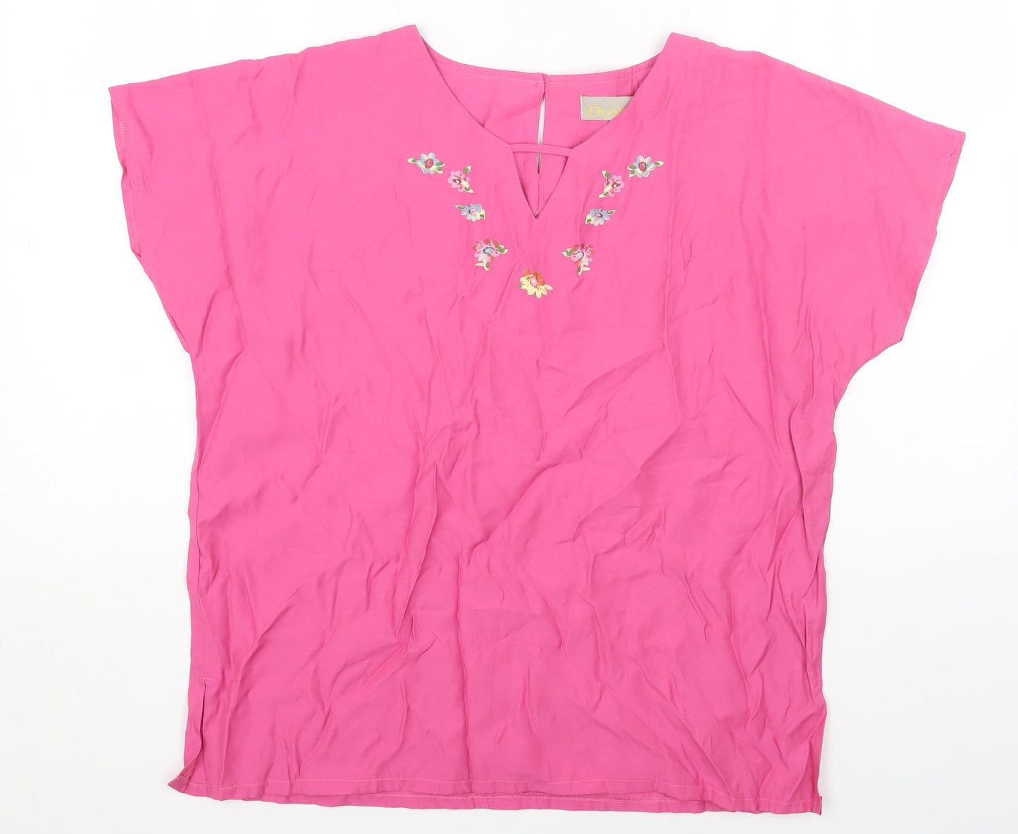 Daxon Womens Pink Floral Viscose Basic T-Shirt Size 14 Round Neck