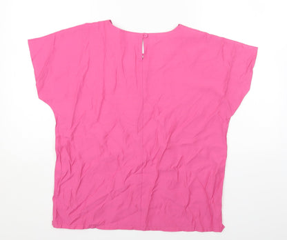 Daxon Womens Pink Floral Viscose Basic T-Shirt Size 14 Round Neck