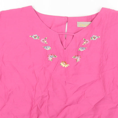 Daxon Womens Pink Floral Viscose Basic T-Shirt Size 14 Round Neck