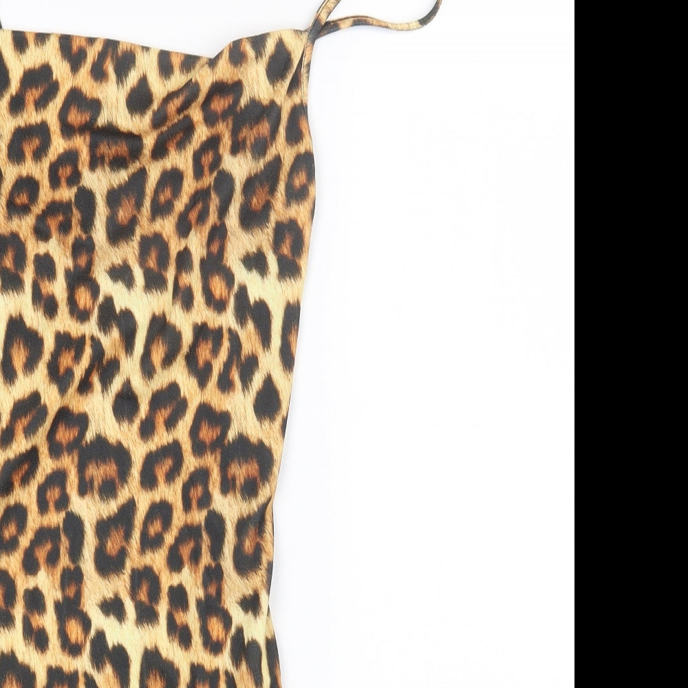 PRETTYLITTLETHING Womens Brown Animal Print Polyester Bodycon Size 8 Square Neck Pullover - Leopard Print