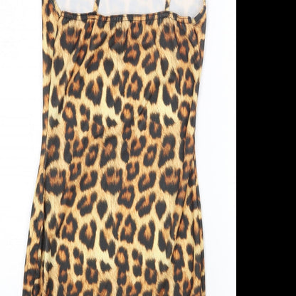 PRETTYLITTLETHING Womens Brown Animal Print Polyester Bodycon Size 8 Square Neck Pullover - Leopard Print