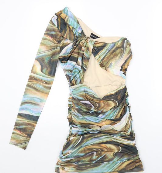 PRETTYLITTLETHING Womens Multicoloured Geometric Polyester Bodycon Size 8 Off the Shoulder Zip