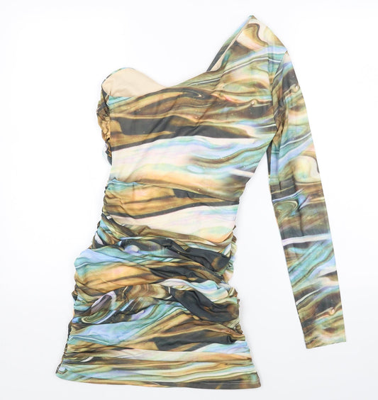 PRETTYLITTLETHING Womens Multicoloured Geometric Polyester Bodycon Size 8 Off the Shoulder Zip