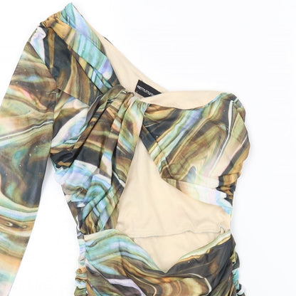 PRETTYLITTLETHING Womens Multicoloured Geometric Polyester Bodycon Size 8 Off the Shoulder Zip
