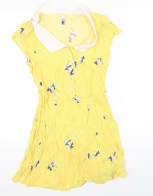 Henry Holland Womens Yellow Geometric Viscose Fit & Flare Size 10 Collared Button - Kite Print