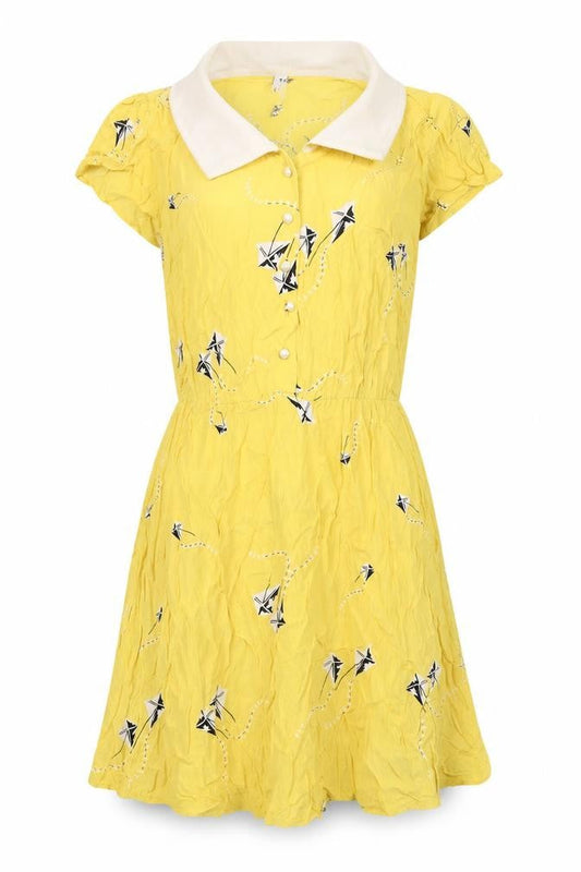Henry Holland Womens Yellow Geometric Viscose Fit & Flare Size 10 Collared Button - Kite Print