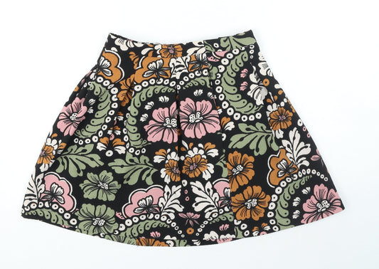 H&M Womens Black Floral Polyester A-Line Skirt Size 6 Zip
