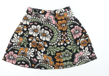 H&M Womens Black Floral Polyester A-Line Skirt Size 6 Zip