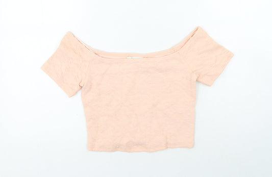 Miss Selfridge Womens Pink Geometric Cotton Cropped T-Shirt Size 10 Off the Shoulder