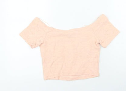 Miss Selfridge Womens Pink Geometric Cotton Cropped T-Shirt Size 10 Off the Shoulder