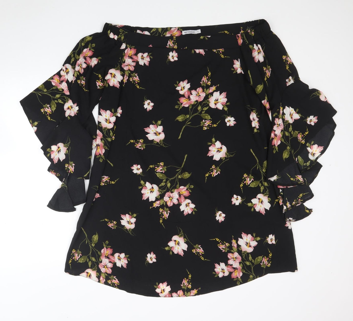 NB Avenue Womens Black Floral Polyester Tunic Blouse Size L Off the Shoulder