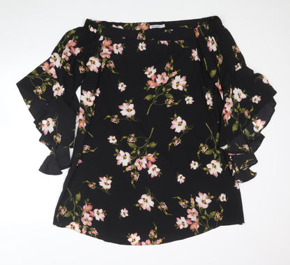 NB Avenue Womens Black Floral Polyester Tunic Blouse Size L Off the Shoulder
